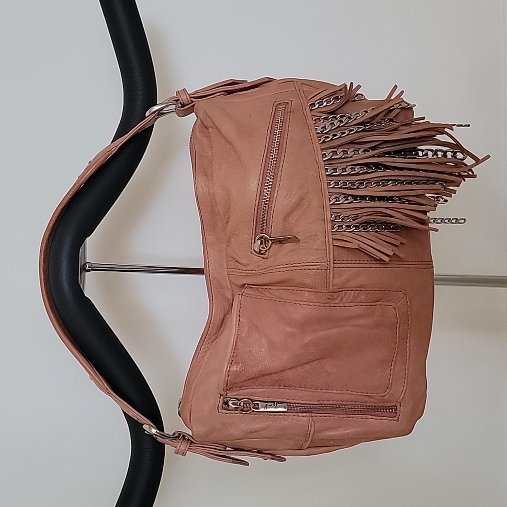 EUC Junior Drake Blush Leather Shoulder Bag w/ Fringe & Chain Detail
